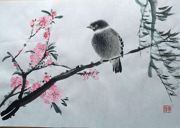 李林砚沐 当代实力派画家李林国画作品《枝头小憩》