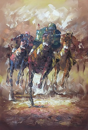 黄明灯手绘油画作品《奋力拼搏》