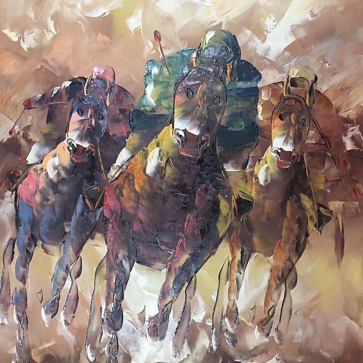 黄明灯手绘油画作品《奋力拼搏》
