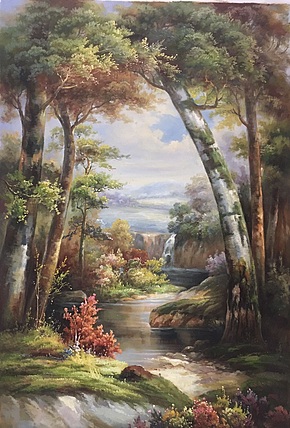 黄明灯手绘油画作品《林中湖》