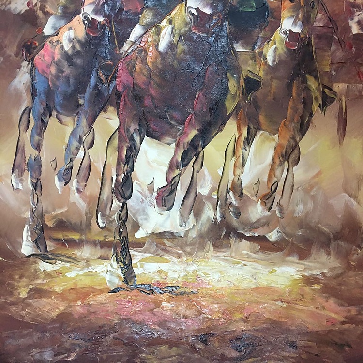 黄明灯手绘油画作品《奋力拼搏》