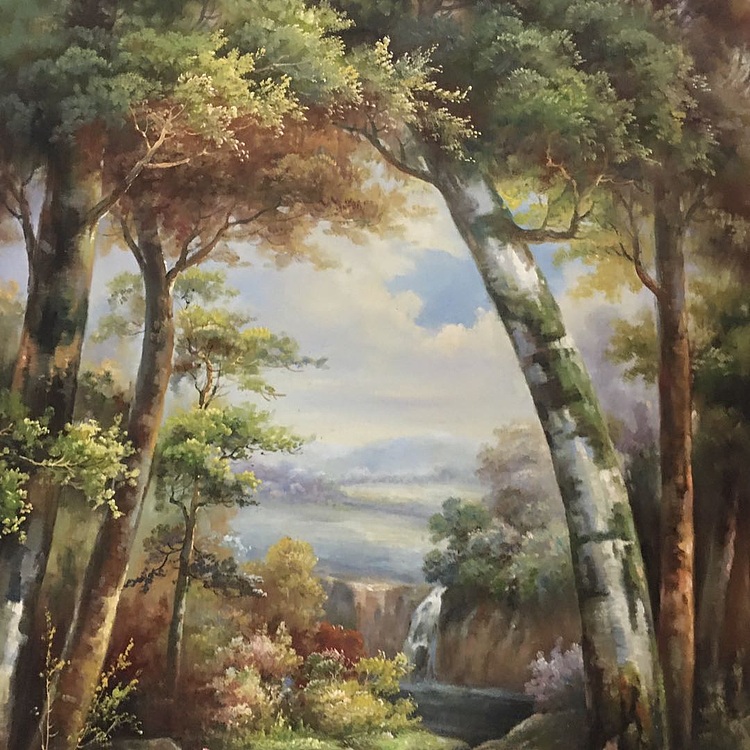 黄明灯手绘油画作品《林中湖》