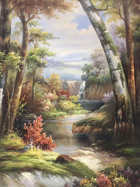 黄明灯手绘油画作品《林中湖》