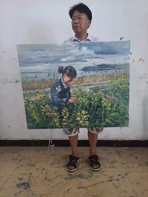 艺术家齐亮写生油画作品《淮河之女》