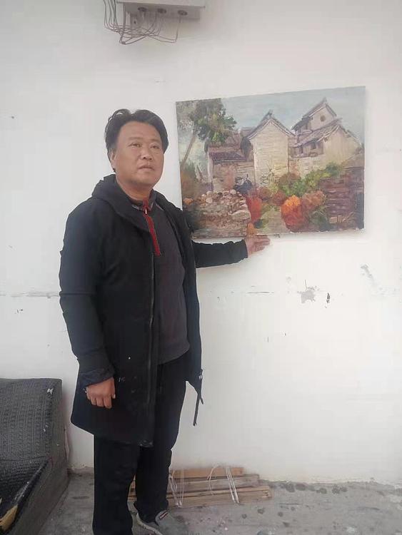 艺术家齐亮写生油画作品《古镇秋色》