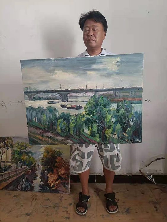 艺术家齐亮写生油画作品《淮河卫士》