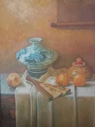 艺术家齐亮写生油画作品《带瓷器的静物》