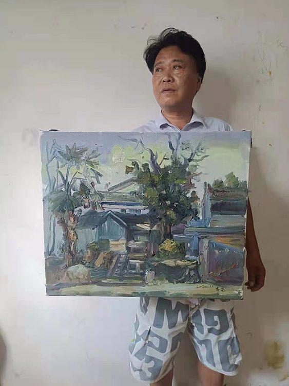 艺术家齐亮写生油画作品《古镇秋风》