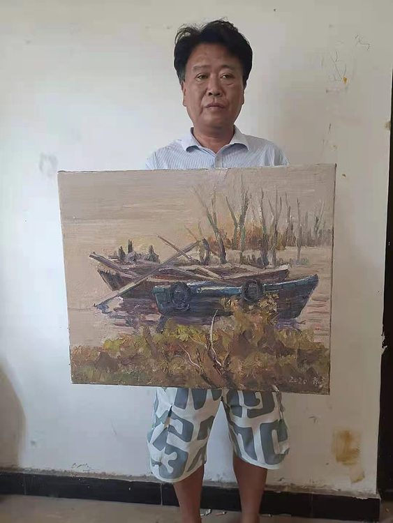 艺术家齐亮写生油画作品《河边的船》
