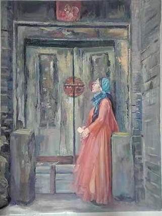 艺术家齐亮写生油画作品《古门前的遐想》
