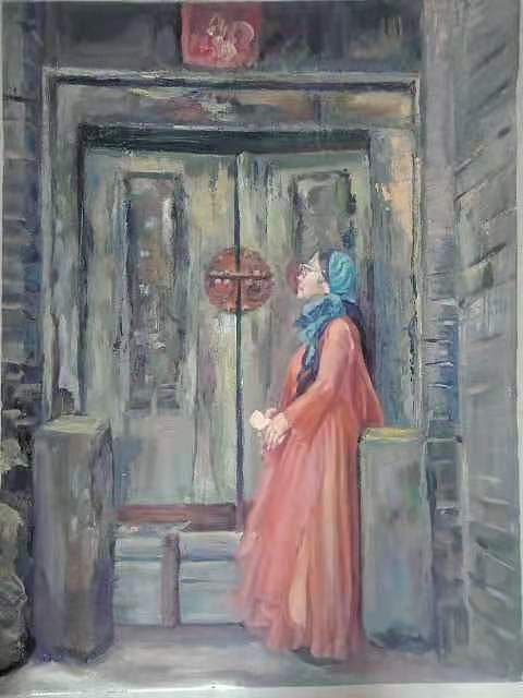 艺术家齐亮写生油画作品《古门前的遐想》