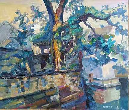 艺术家齐亮写生油画作品《树荫》