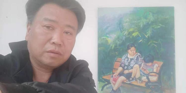 艺术家齐亮写生油画作品《母女情深》