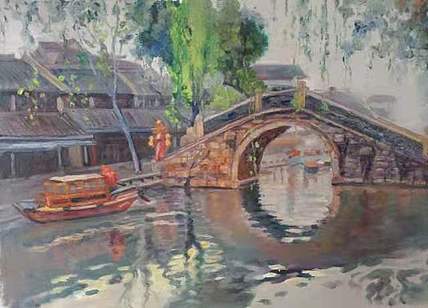 艺术家齐亮写生油画作品《水乡垂柳》