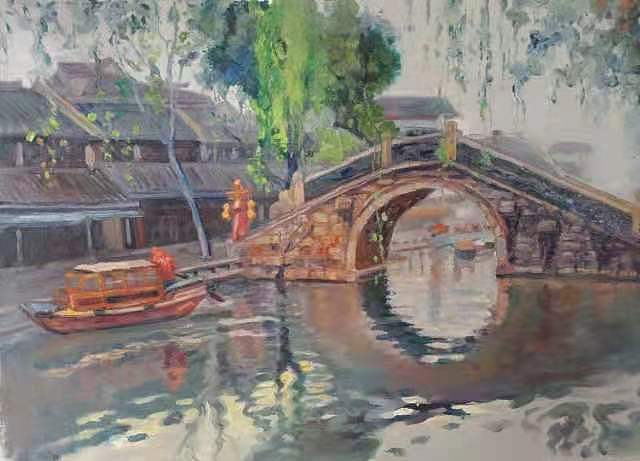 艺术家齐亮写生油画作品《水乡垂柳》
