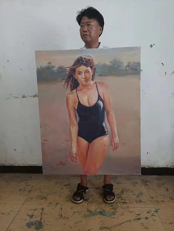 艺术家齐亮写生油画作品《穿泳衣的女人》
