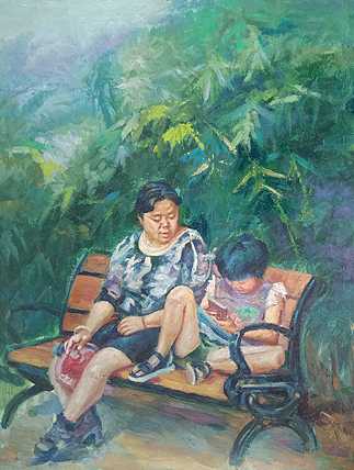 艺术家齐亮写生油画作品《母女情深》
