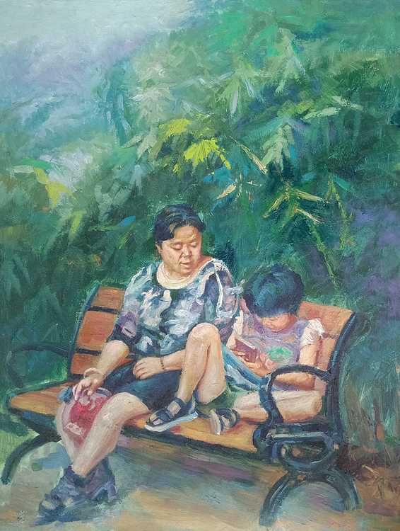 艺术家齐亮写生油画作品《母女情深》