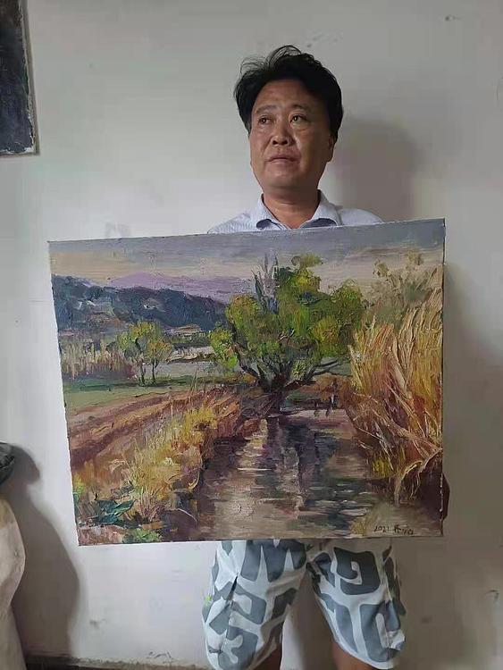 艺术家齐亮写生油画作品《芦苇和树》