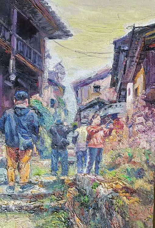 艺术家齐亮写生油画作品《古镇游记》
