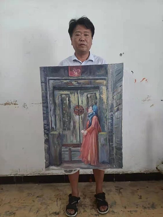 艺术家齐亮写生油画作品《古门前的遐想》