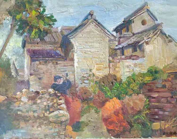 艺术家齐亮写生油画作品《古镇秋色》