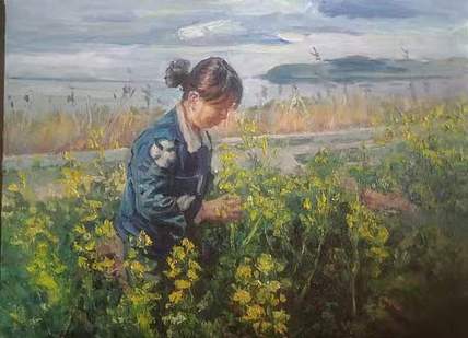 艺术家齐亮写生油画作品《淮河之女》