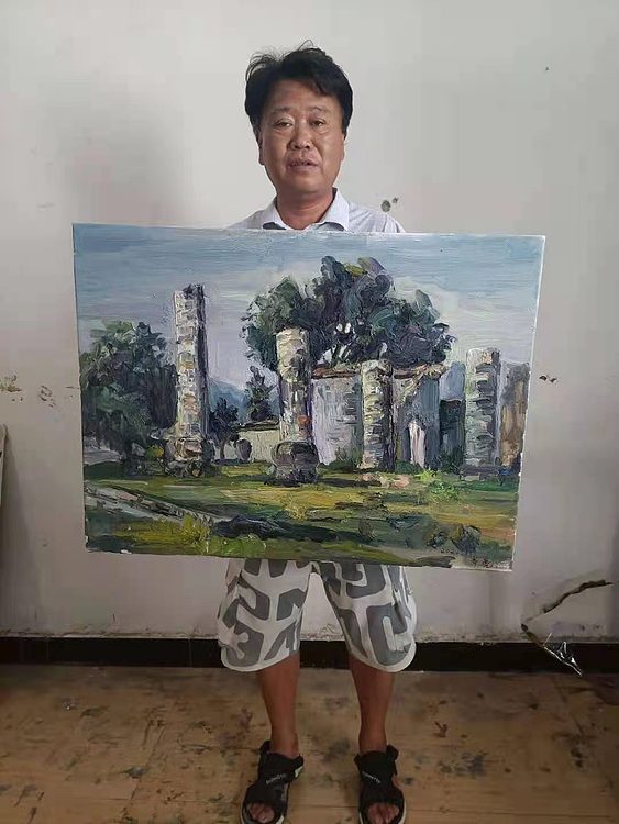 艺术家齐亮写生油画作品《宗祠遗风》