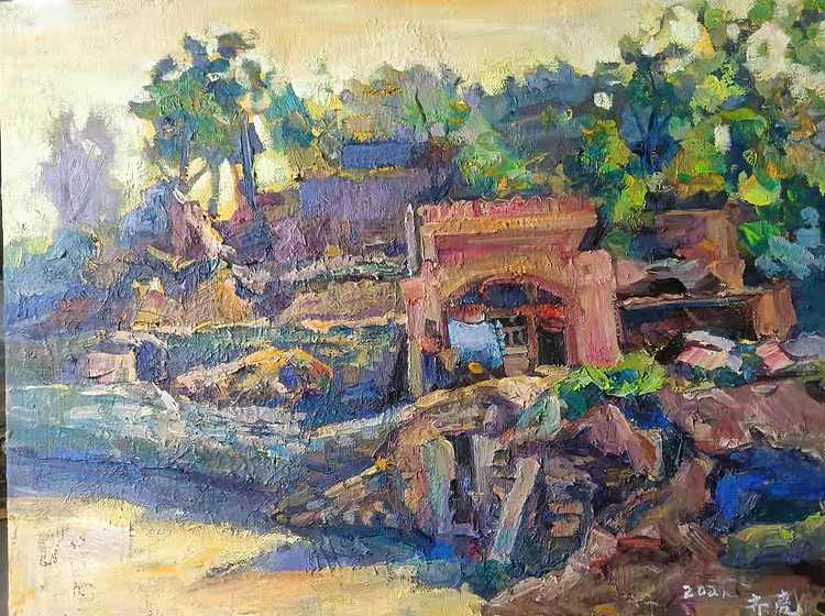 艺术家齐亮写生油画作品《陕北一角》