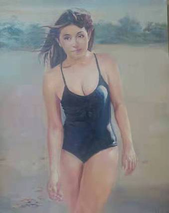 艺术家齐亮写生油画作品《穿泳衣的女人》
