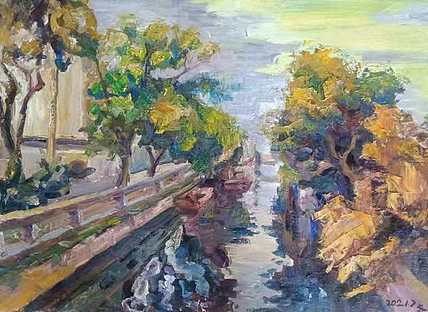 艺术家齐亮写生油画作品《河边胜景》