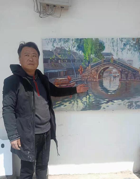 艺术家齐亮写生油画作品《水乡垂柳》