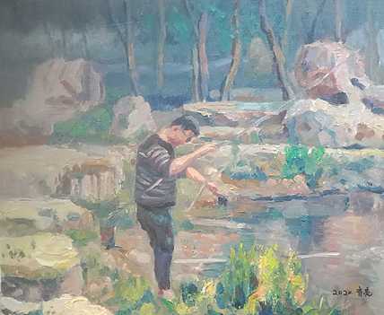 艺术家齐亮写生油画作品《河边情趣》