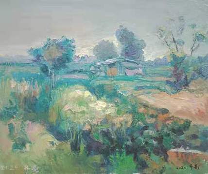 艺术家齐亮写生油画作品《田园风光》