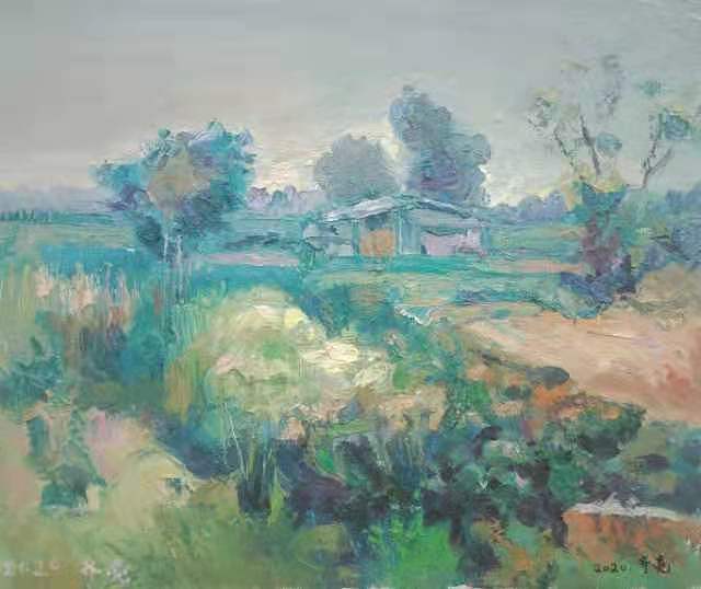 艺术家齐亮写生油画作品《田园风光》