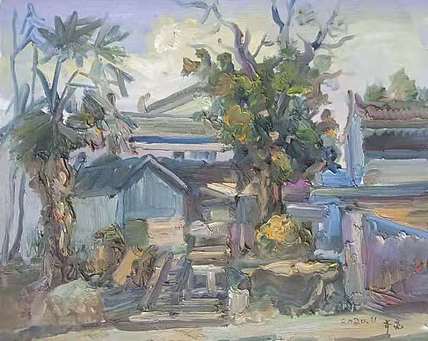 艺术家齐亮写生油画作品《古镇秋风》