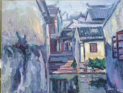 艺术家齐亮写生油画作品《周庄之韵》