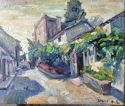 艺术家齐亮写生油画作品《历史街街景》
