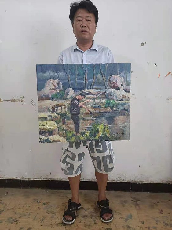 艺术家齐亮写生油画作品《河边情趣》