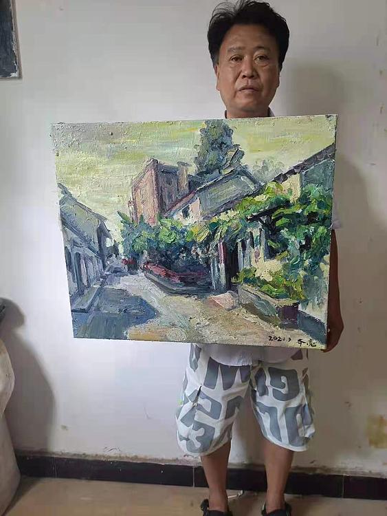 艺术家齐亮写生油画作品《历史街街景》