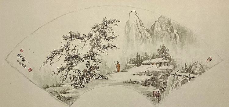 明理 山水扇面：雪霁 四川省美术家协会会员 当代工笔画研究会会员