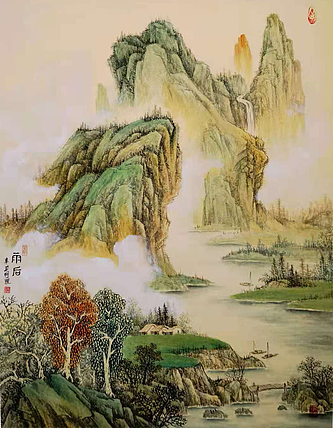 明理 青绿山水：雨后  四川省美术家协会会员 当代工笔画研究会会员