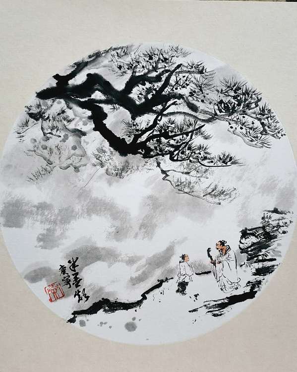 秦广宁 国画，松下问童子