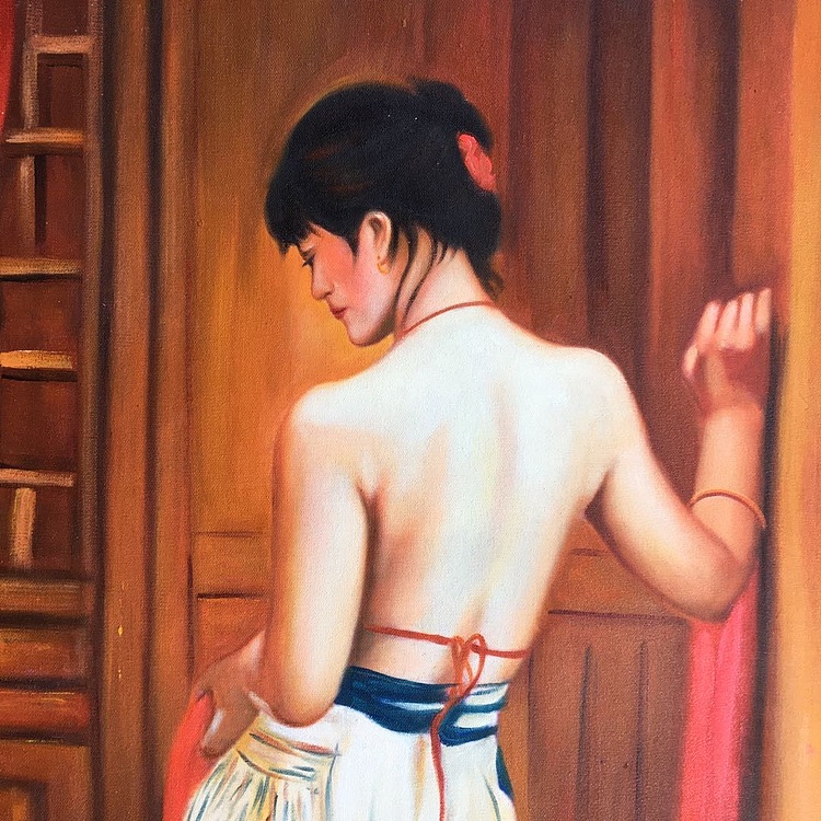 张嘉應手绘油画作品《红绸布》