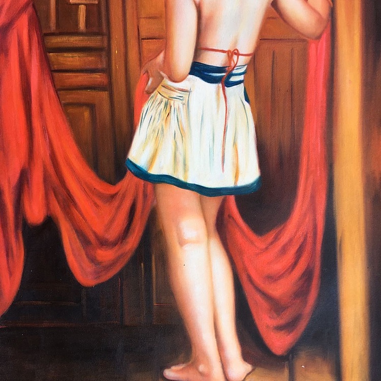 张嘉應手绘油画作品《红绸布》
