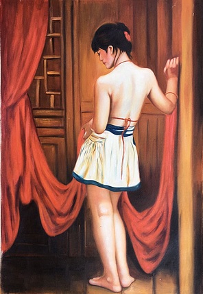 张嘉應手绘油画作品《红绸布》