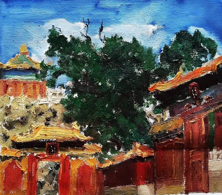 胡冰 原创油画作品《故宫后园》