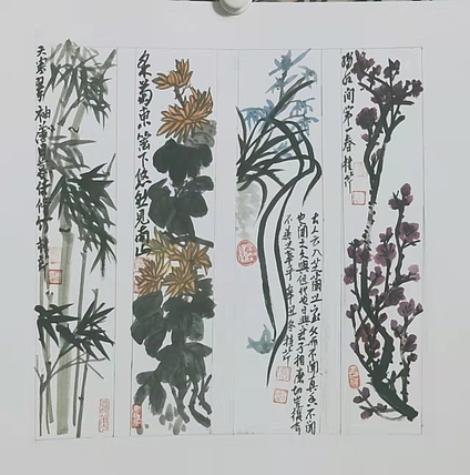 青年书画家 闫桂芹 梅兰竹菊四扇屏