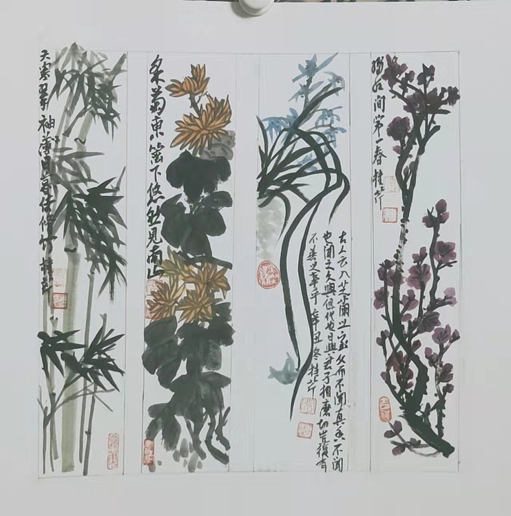 青年书画家 闫桂芹 梅兰竹菊四扇屏