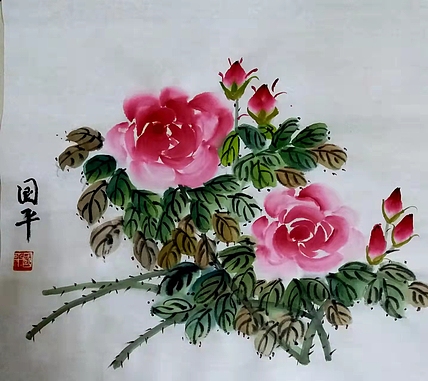 贺国平 国画《玫瑰花开》